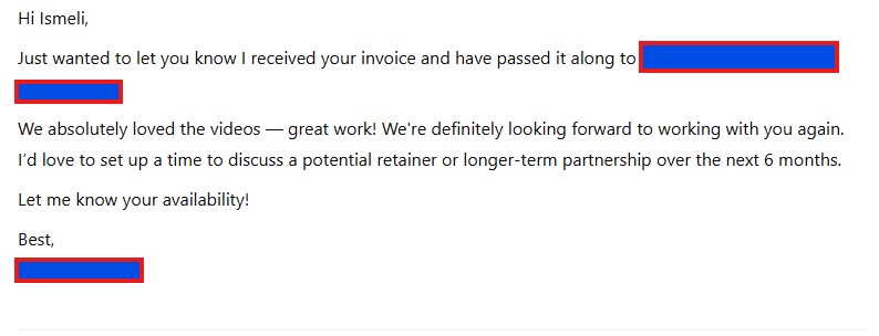 Email from a brand offering a 6-month retainer deal